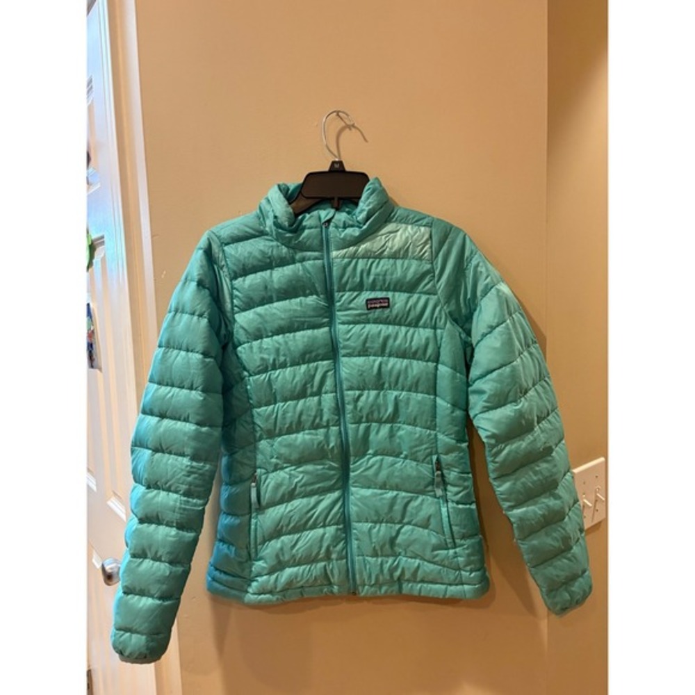 Patagonia Girls Down Jacket Aqua Blue Puffer Hooded Lightweight‎ Size XL 14